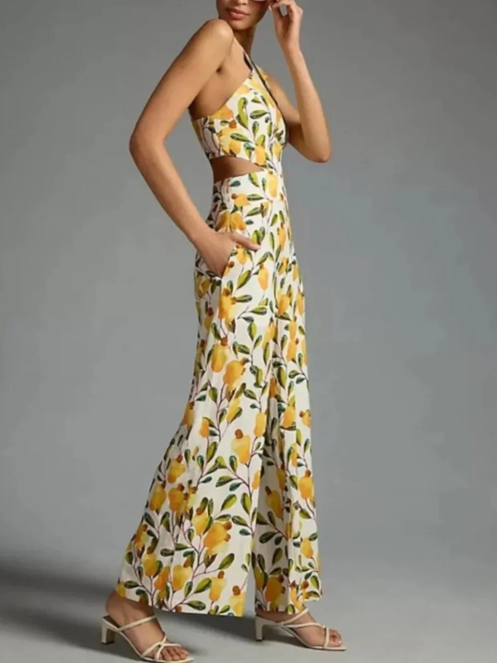 Farm Rio Halter Cutout Linen Blend Wide-Leg Pear Graphic Jumpsuit size L